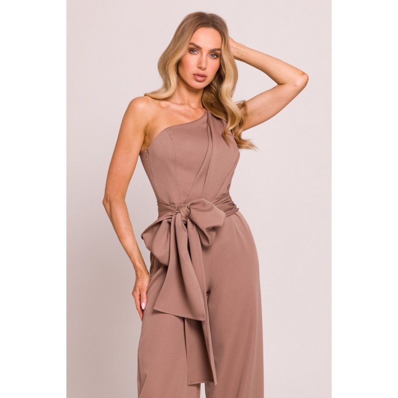 M845 Kombinezon na jedno ramię z wiązanymi szarfami - mokka