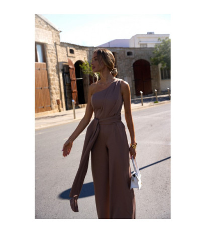 M845 Kombinezon na jedno ramię z wiązanymi szarfami - mokka