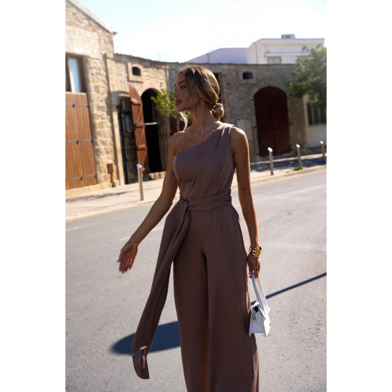 M845 Kombinezon na jedno ramię z wiązanymi szarfami - mokka