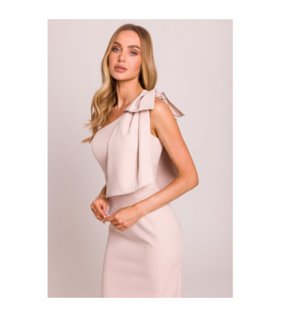 M847 Sukienka na jedno ramię z ozdobną kokardą - jasny beżowy