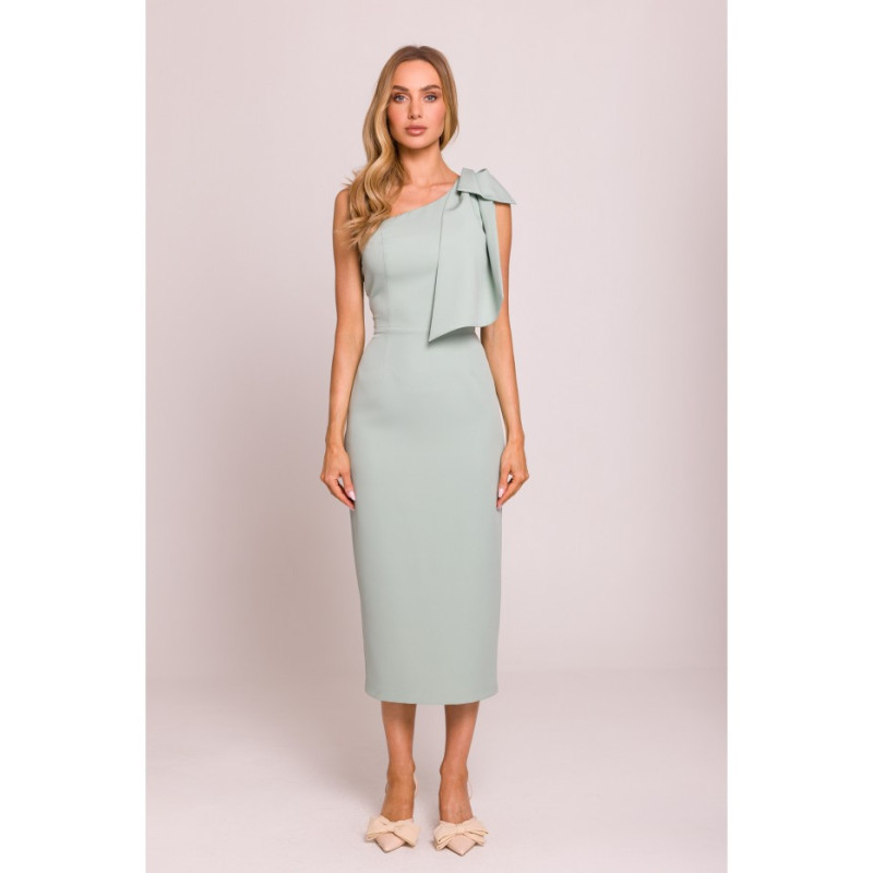 M847 Sukienka na jedno ramię z ozdobną kokardą - miętowa
