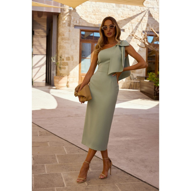 M847 Sukienka na jedno ramię z ozdobną kokardą - miętowa