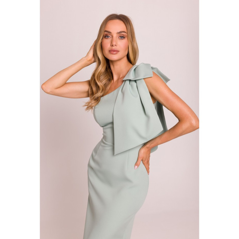 M847 Sukienka na jedno ramię z ozdobną kokardą - miętowa