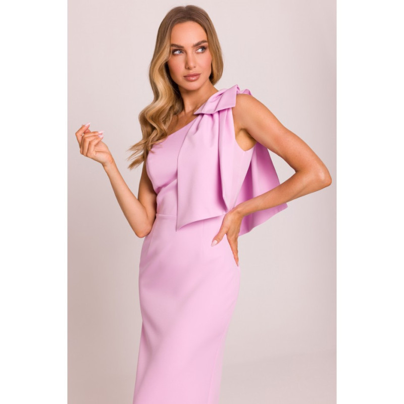 M847 Sukienka na jedno ramię z ozdobną kokardą - cukierkowy róż