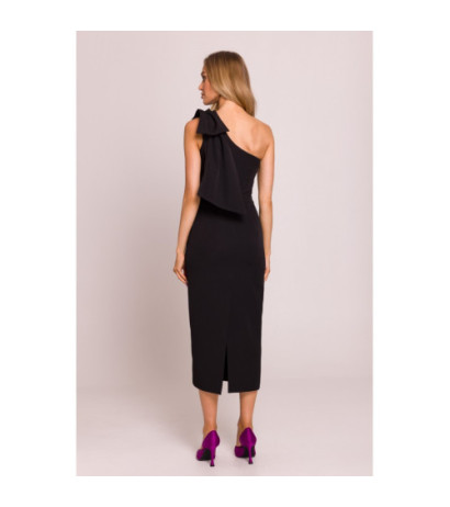 M847 Sukienka na jedno ramię z ozdobną kokardą - czarna