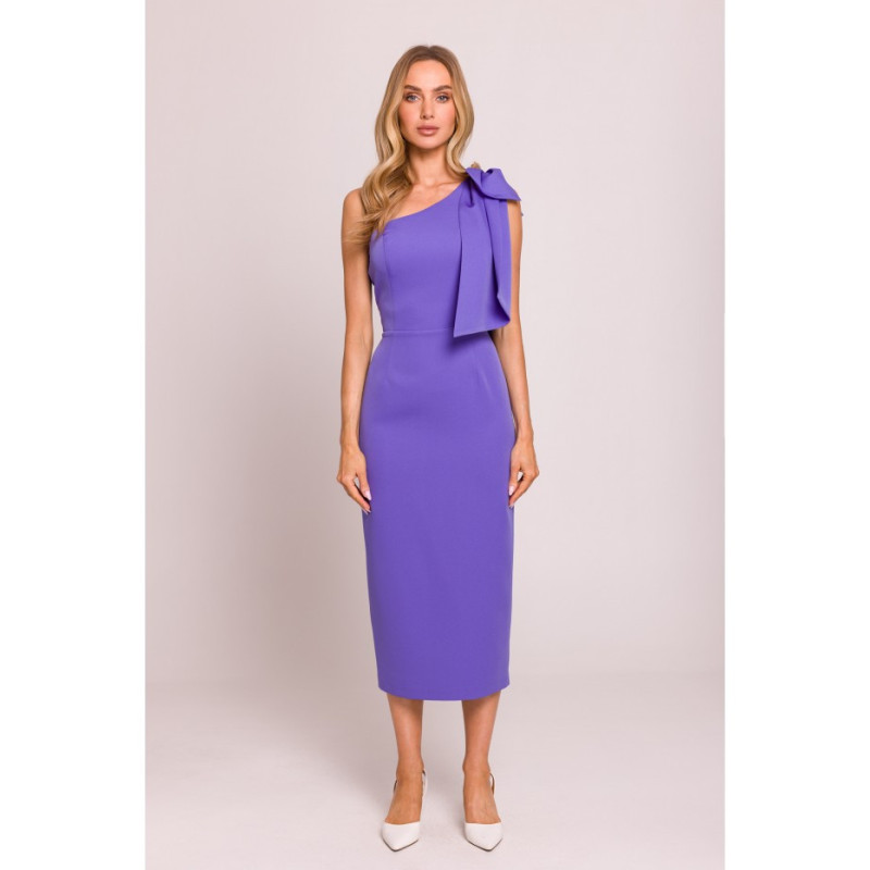 M847 Sukienka na jedno ramię z ozdobną kokardą - jasny fiolet