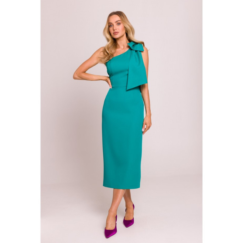 M847 Sukienka na jedno ramię z ozdobną kokardą - turkusowa