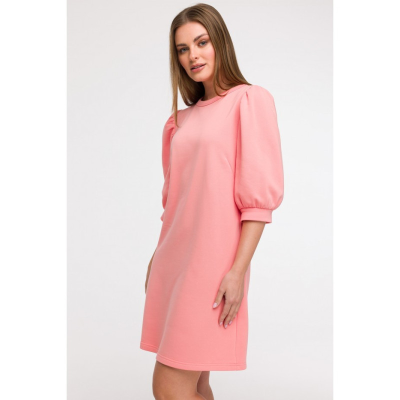 B291 Sukienka z bufiastymi rękawami - koralowa