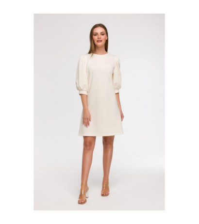 B291 Sukienka z bufiastymi rękawami - waniliowa