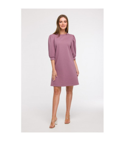 B291 Sukienka z bufiastymi rękawami - wrzosowa