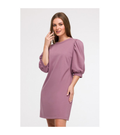 B291 Sukienka z bufiastymi rękawami - wrzosowa