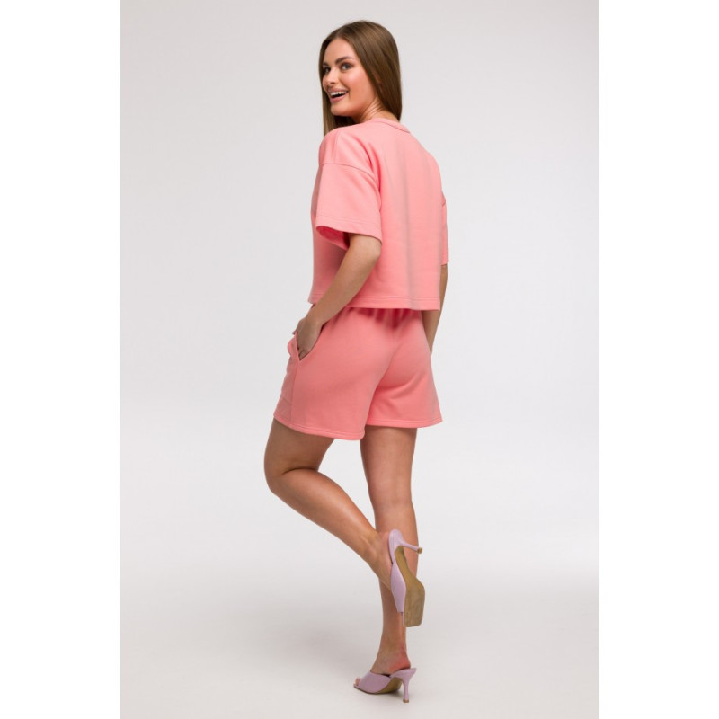 B294 Bluza oversize z krótkimi rękawami - koralowa
