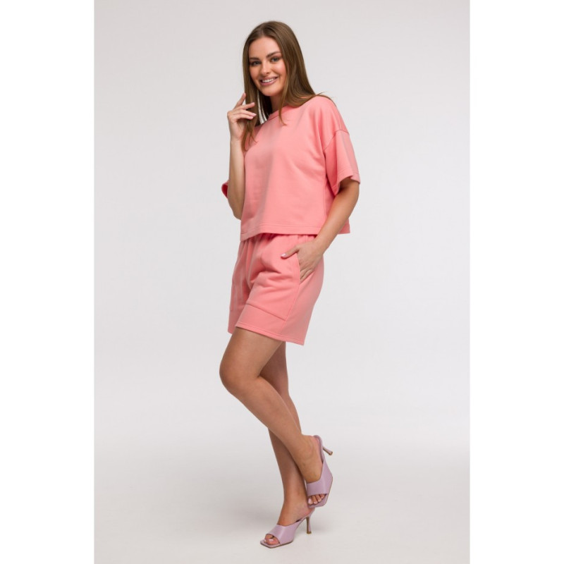 B294 Bluza oversize z krótkimi rękawami - koralowa