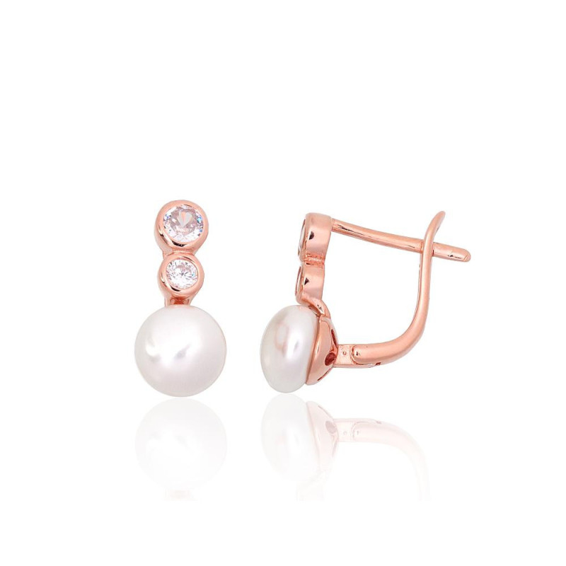 'Inglise' sulguriga hõbekõrverõngad 2204151(PAu-R)_CZ+PE, Hõbe 925°, punane kuld (kate), Tsirkonid , Pärlitest