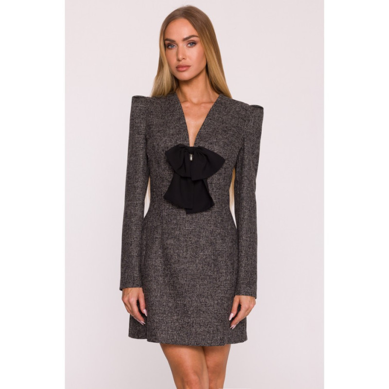 M869 Sukienka tweedowa z kokardą szyfonową - czarna