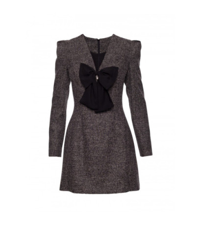 M869 Sukienka tweedowa z kokardą szyfonową - czarna
