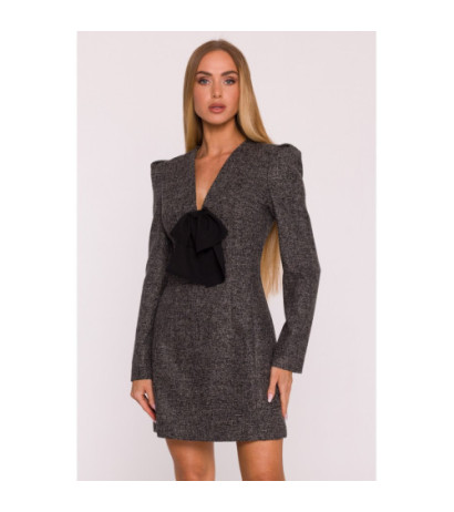 M869 Sukienka tweedowa z kokardą szyfonową - czarna