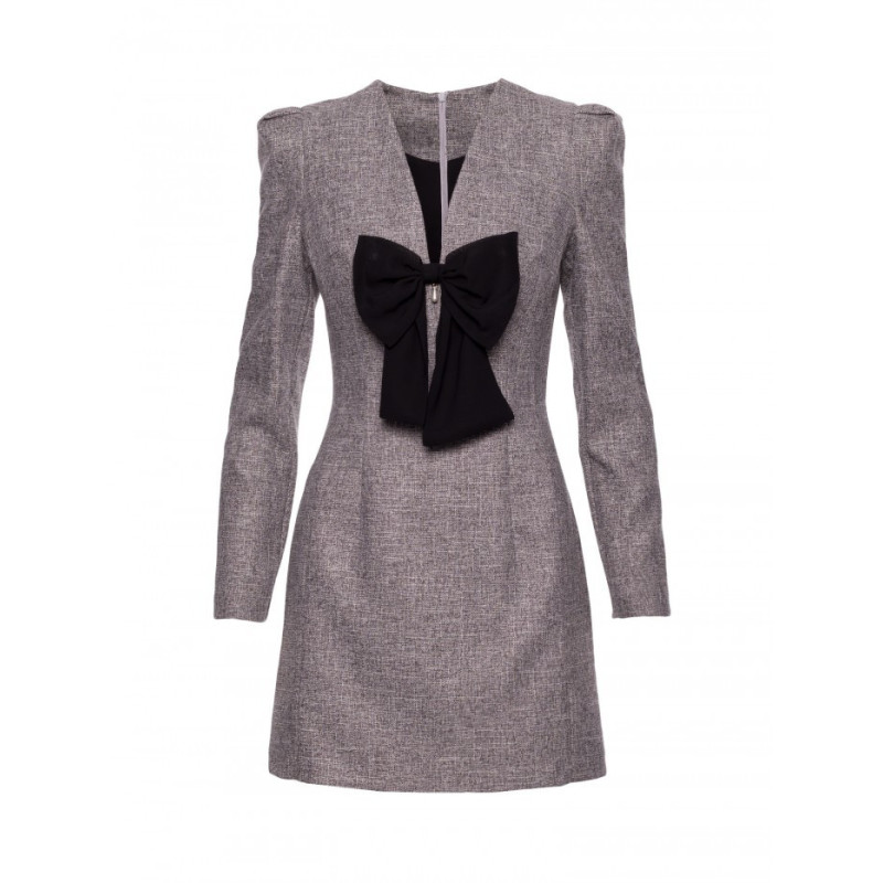 M869 Sukienka tweedowa z kokardą szyfonową - grafitowa