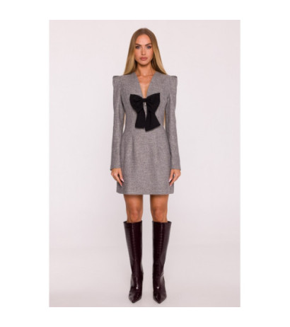 M869 Sukienka tweedowa z kokardą szyfonową - grafitowa