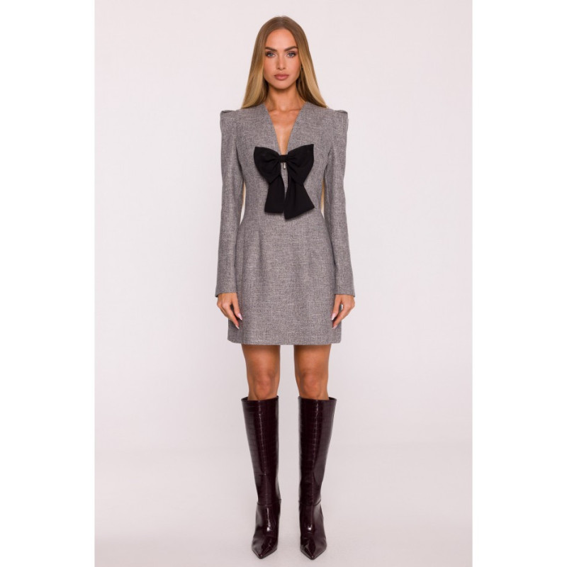 M869 Sukienka tweedowa z kokardą szyfonową - grafitowa
