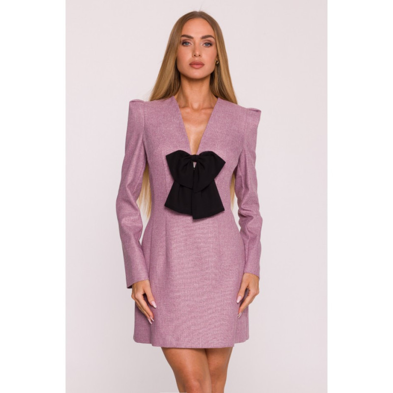 M869 Sukienka tweedowa z kokardą szyfonową - marsala