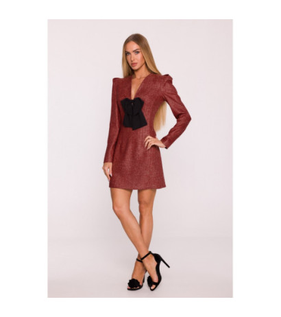 M869 Sukienka tweedowa z kokardą szyfonową - bordowa