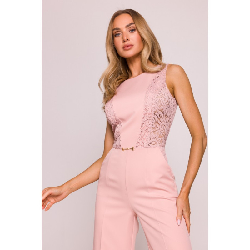 M866 Kombinezon z koronkowymi wstawkami - pudrowy