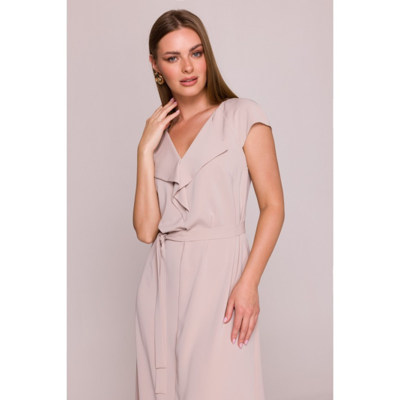 S411 Sukienka z żabotem - beżowa