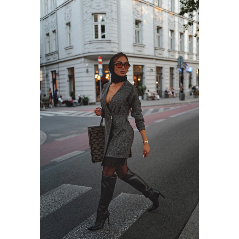 M871 Sukienka tweedowa z koronką - czarna