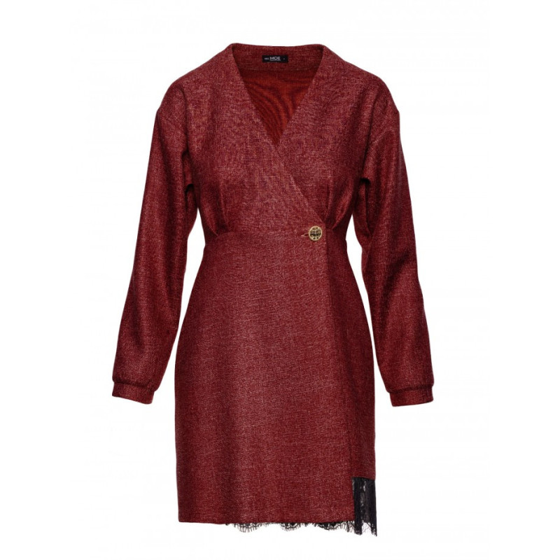 M871 Sukienka tweedowa z koronką - bordowa