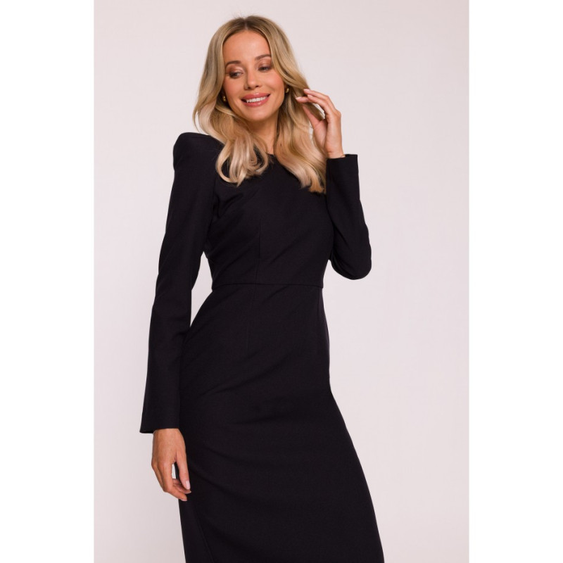 S412 Sukienka ołówkowa z ozdobnymi ramionami - czarna