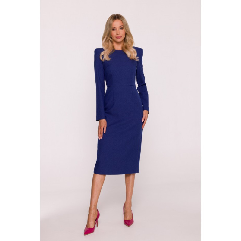 S412 Sukienka ołówkowa z ozdobnymi ramionami - niebieska