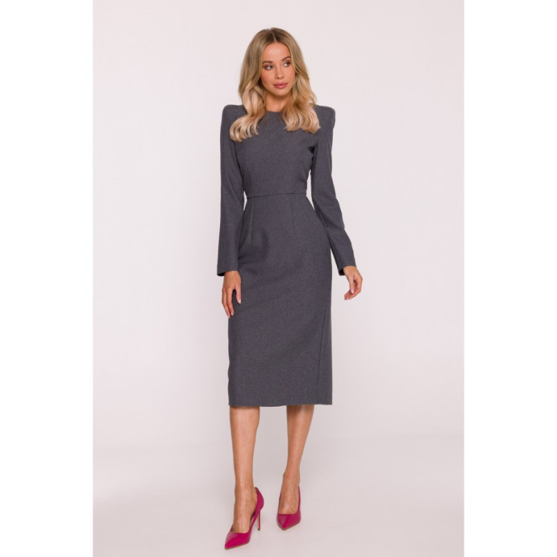 S412 Sukienka ołówkowa z ozdobnymi ramionami - szara
