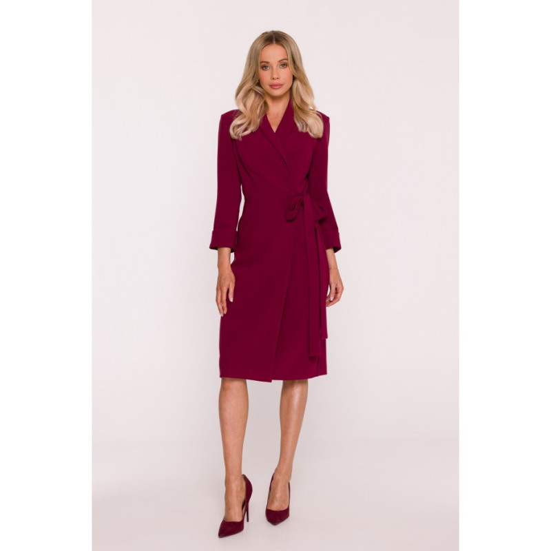 S415 Sukienka szmizjerka wiązana w talii - bordowa