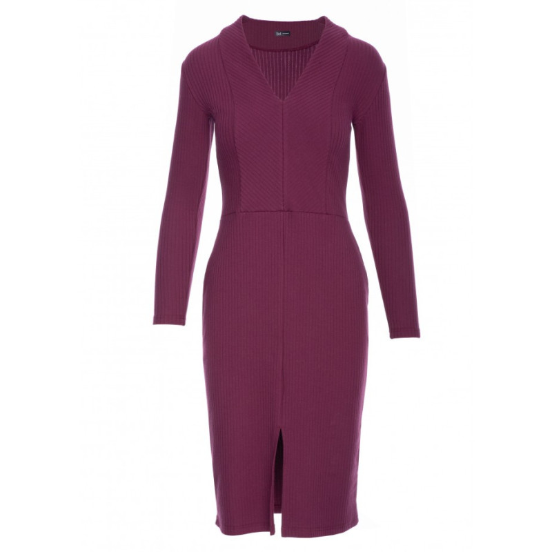 B307 Sukienka ołówkowa z dzianiny prążkowanej - śliwkowa