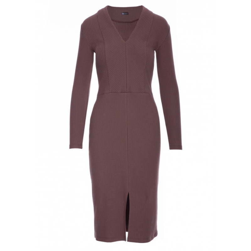 B307 Sukienka ołówkowa z dzianiny prążkowanej - brązowa