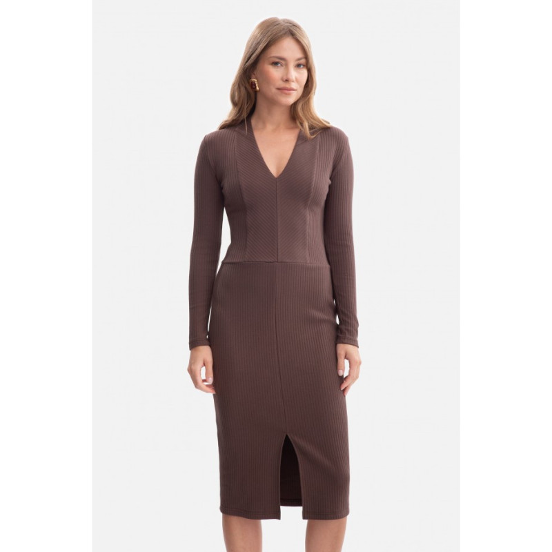 B307 Sukienka ołówkowa z dzianiny prążkowanej - brązowa