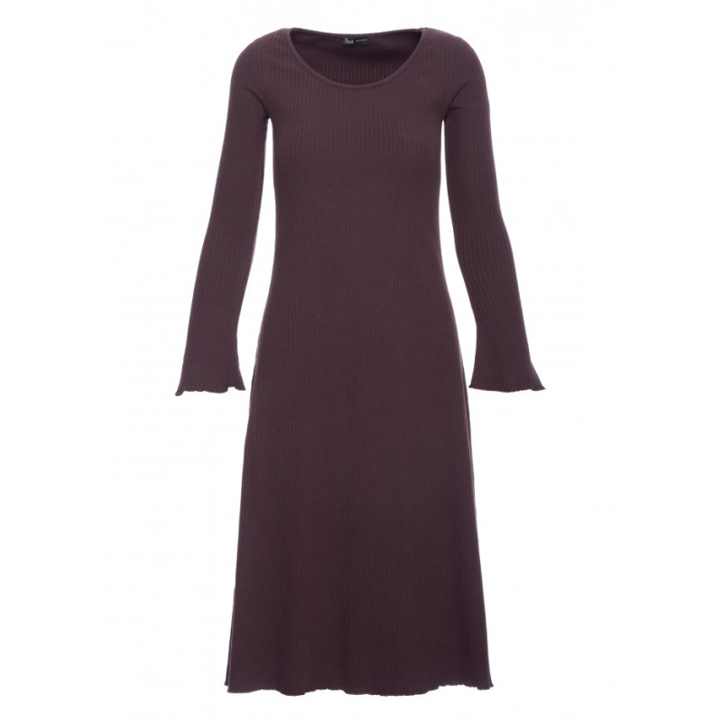 B308 Sukienka midi z dzianiny prążkowanej z dekoltem - gorzka czekolada