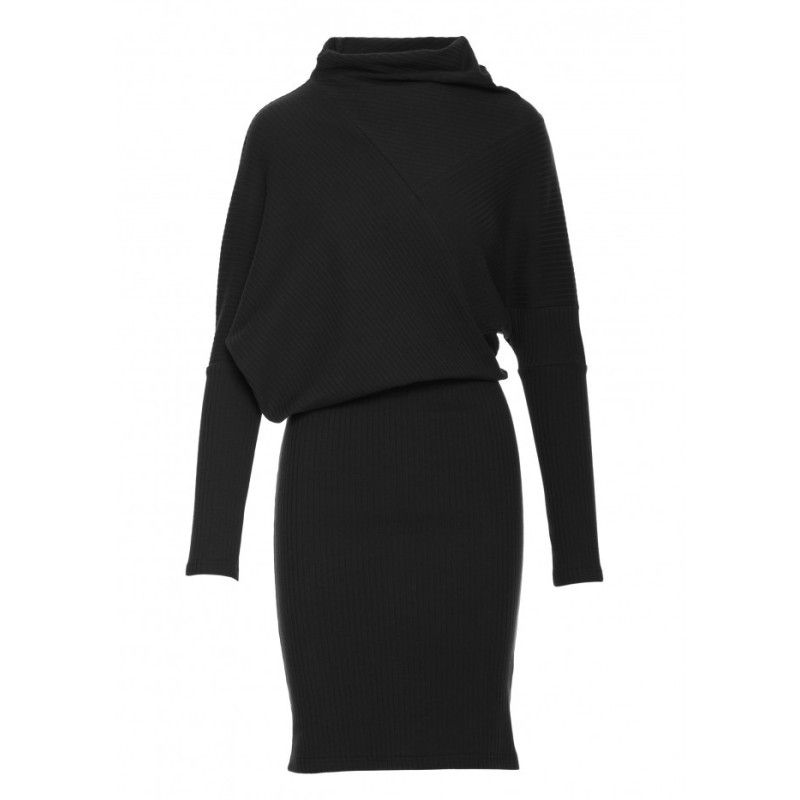B309 Sukienka bluzowana z dzianiny prążkowanej - czarna