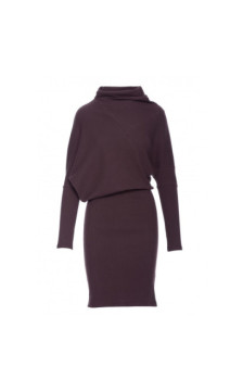 B309 Sukienka bluzowana z dzianiny prążkowanej - gorzka czekolada