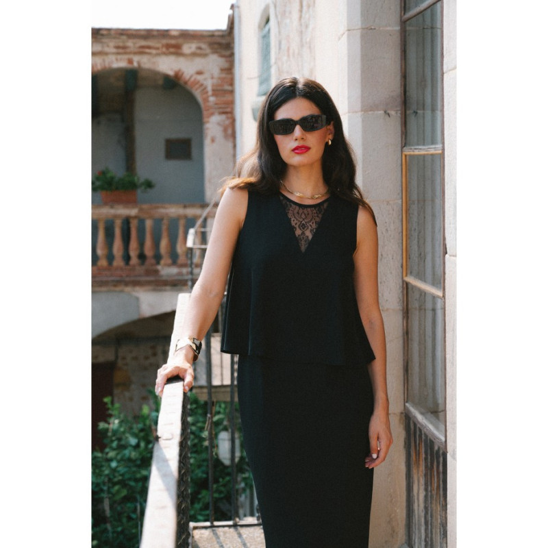 S422 Sukienka ze wstawką z koronki - czarna