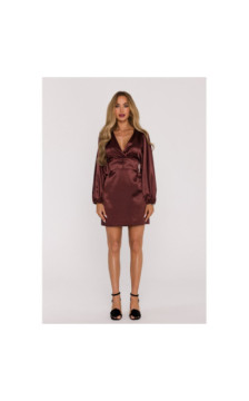 M888 Sukienka mini z bufiastymi rękawami - brązowa