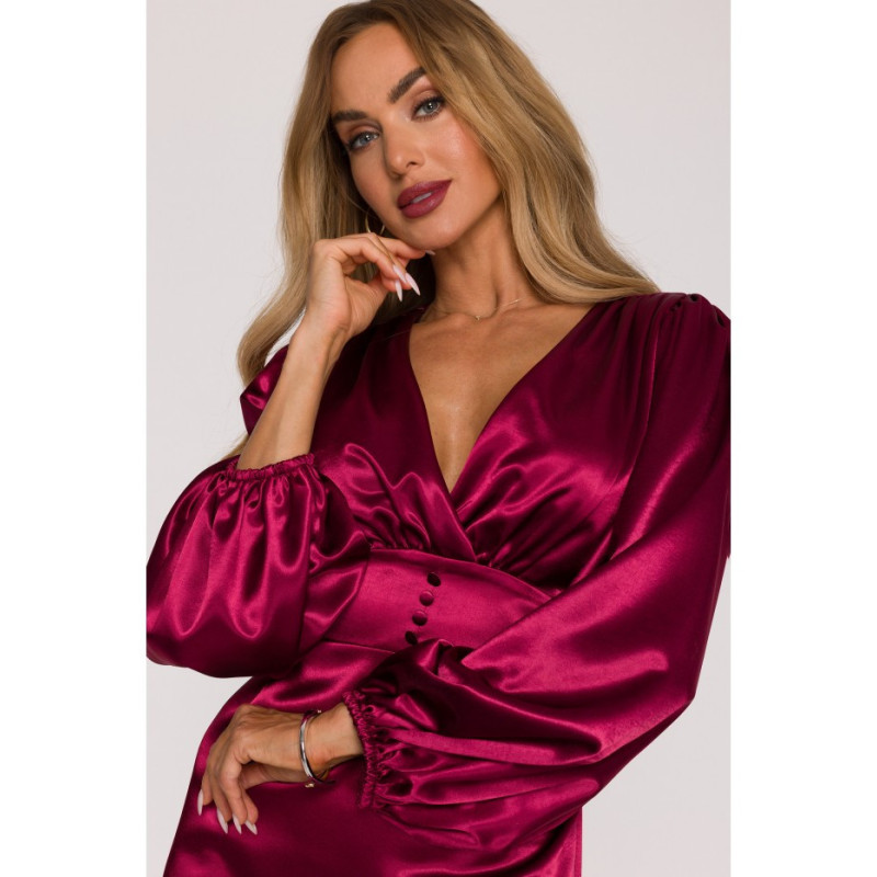 M888 Sukienka mini z bufiastymi rękawami - bordowa