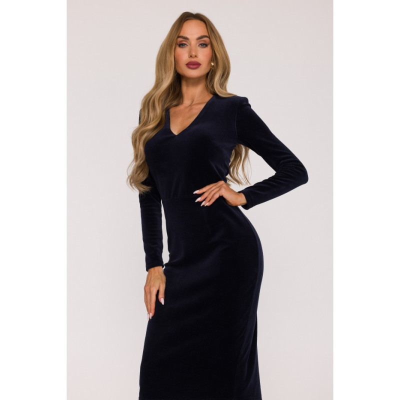 M889 Sukienka welurowa z dekoltem - granatowa