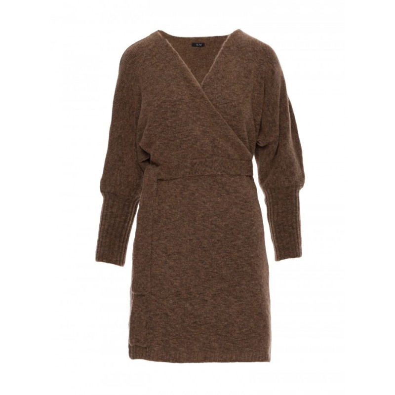 M631 Sukienka swetrowa kopertowa z wiązaniem - karmelowa